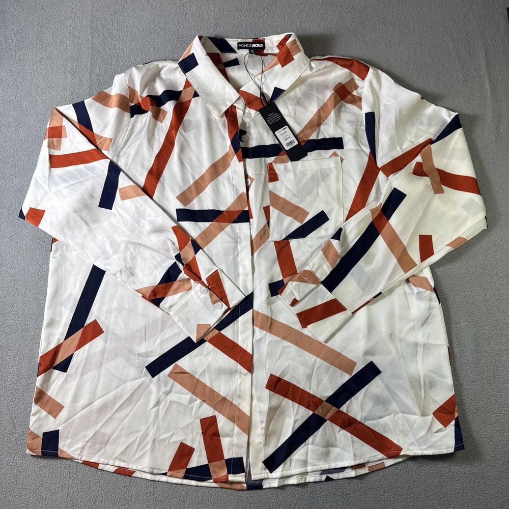 Fashion Nova Womens Dabney White Geometric Print Long Sleeve Shirt Sz 1X